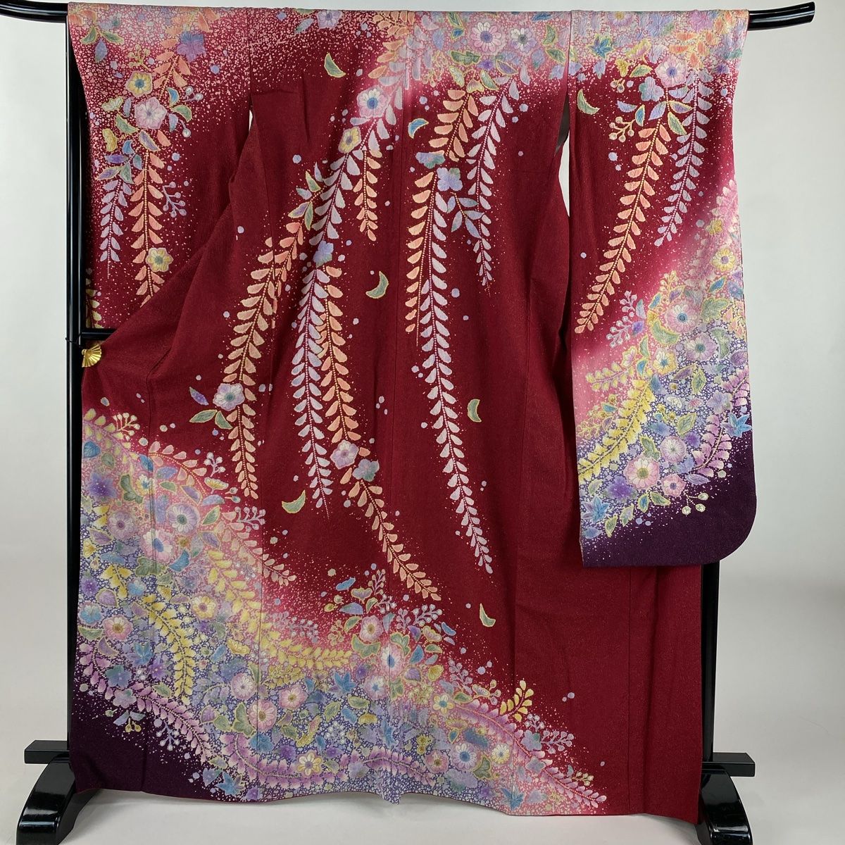 振袖 身丈165.5cm 裄丈68.5cm L 袷 辻が花柄 金通し 染め分け えんじ色 正絹