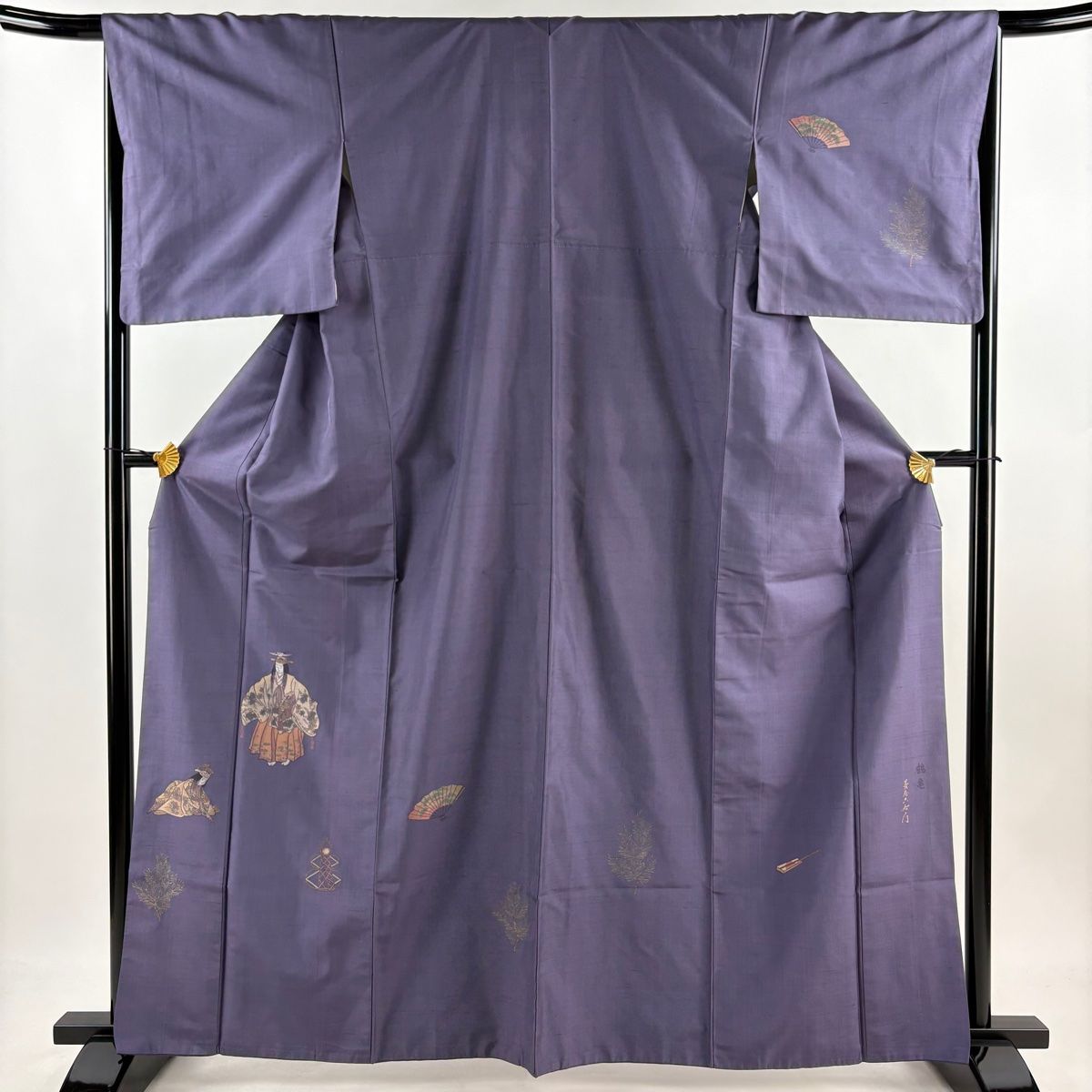 付下げ 身丈163.5cm 裄丈66.5cm M 袷 菱屋六右ヱ門 紬地 落款 鶴亀 人物 紫 正絹
