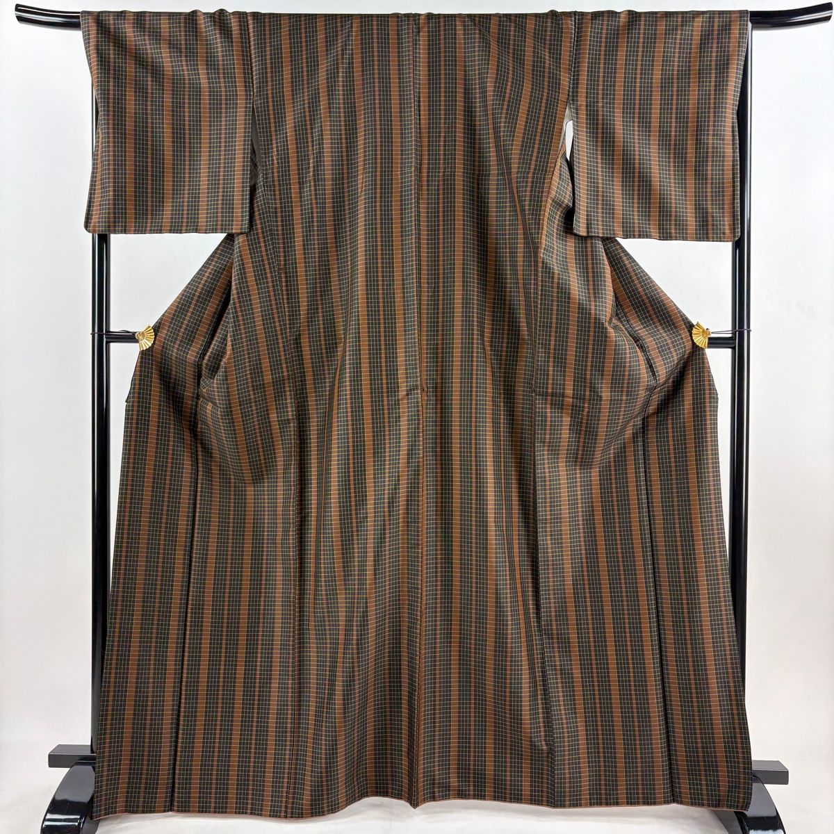 小紋 身丈167cm 裄丈68.5cm L 袷 縦縞 格子 焦茶色 正絹