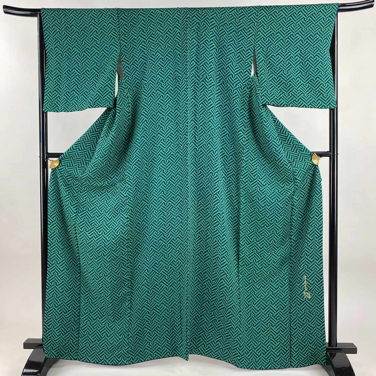 小紋 身丈165cm 裄丈66cm M 袷 斉藤三才 落款 幾何学 緑 正絹