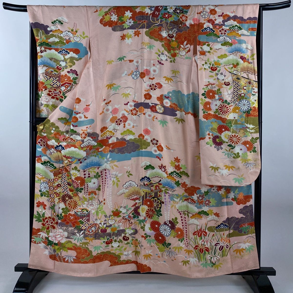 振袖 身丈159.5cm 裄丈66.5cm M 袷 几帳 松竹梅 金糸 金彩 薄ピンク 正絹