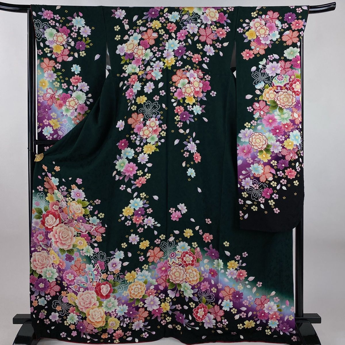 振袖 身丈170cm 裄丈66.5cm M 袷 蝶 薔薇 ラメ ぼかし 深緑 正絹