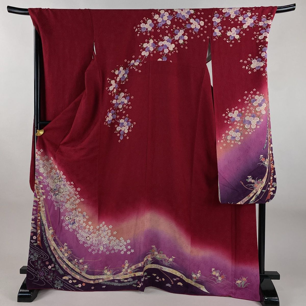 振袖 身丈169cm 裄丈71cm L 袷 束ね熨斗 桜 銀通し 金銀彩 赤紫 正絹