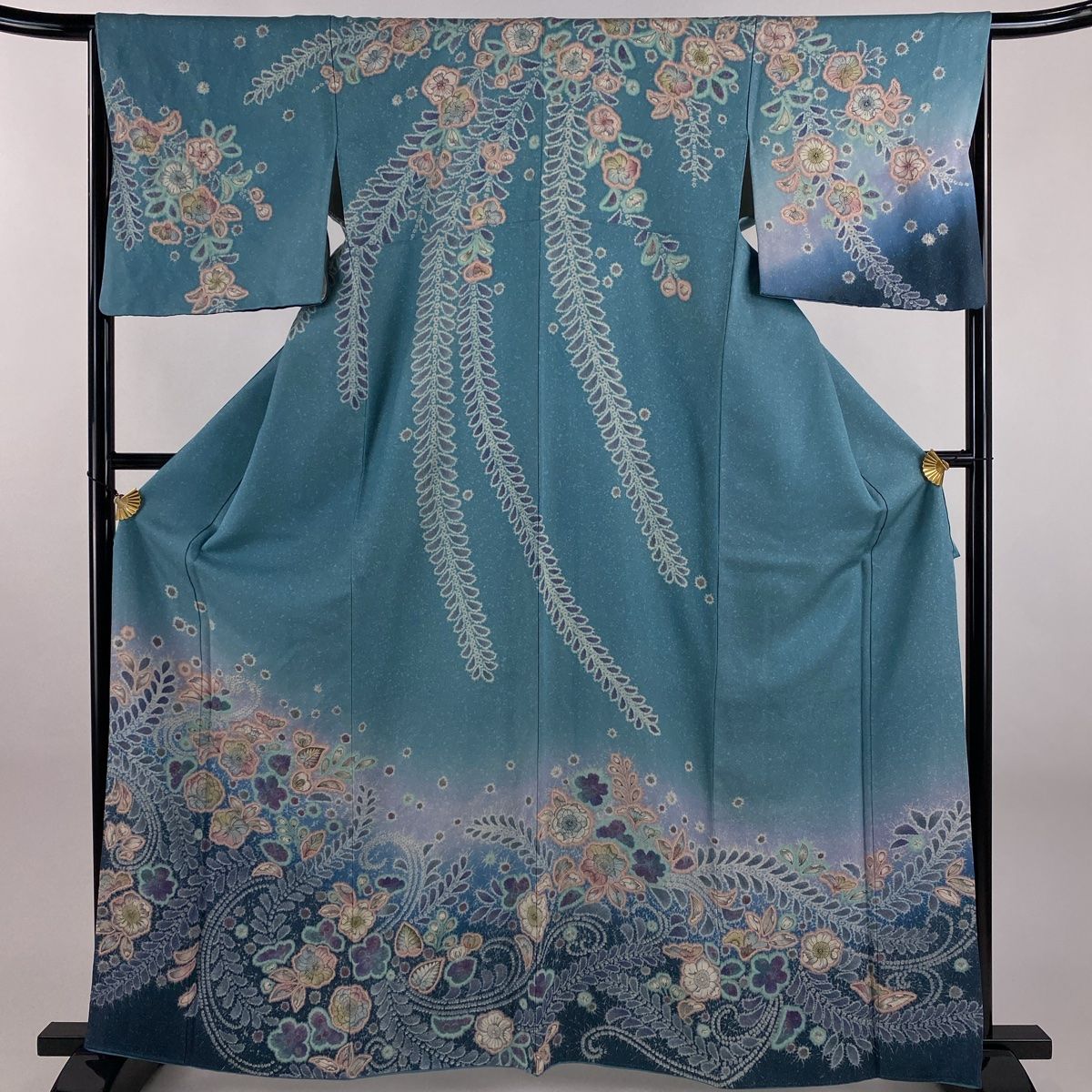 訪問着 身丈164.5cm 裄丈64.5cm M 袷 辻が花 銀通し ぼかし 青緑 正絹