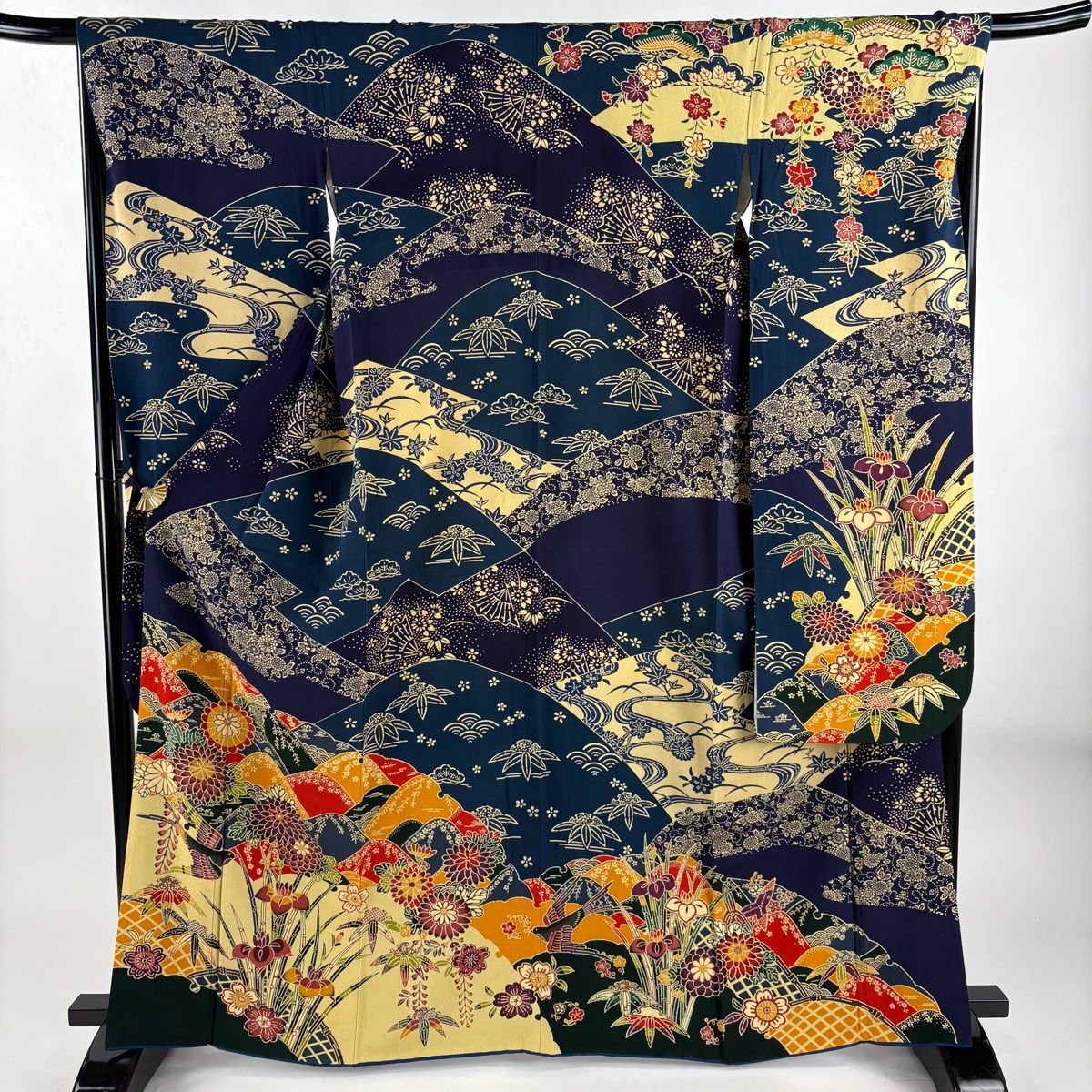 振袖 身丈165 cm 裄丈67 M 袷 草花 鳥 染め分け 藍色 正絹