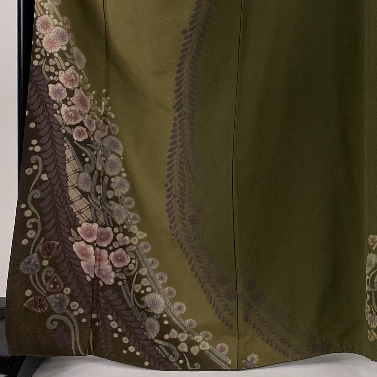 訪問着 身丈166cm 裄丈71cm L 袷 草花 金彩 絞り 茶緑色 正絹