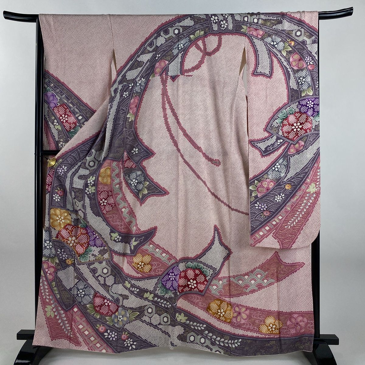 振袖 身丈163cm 裄丈67cm M 袷 束ね熨斗 草花 金糸 総絞り 薄紫 正絹