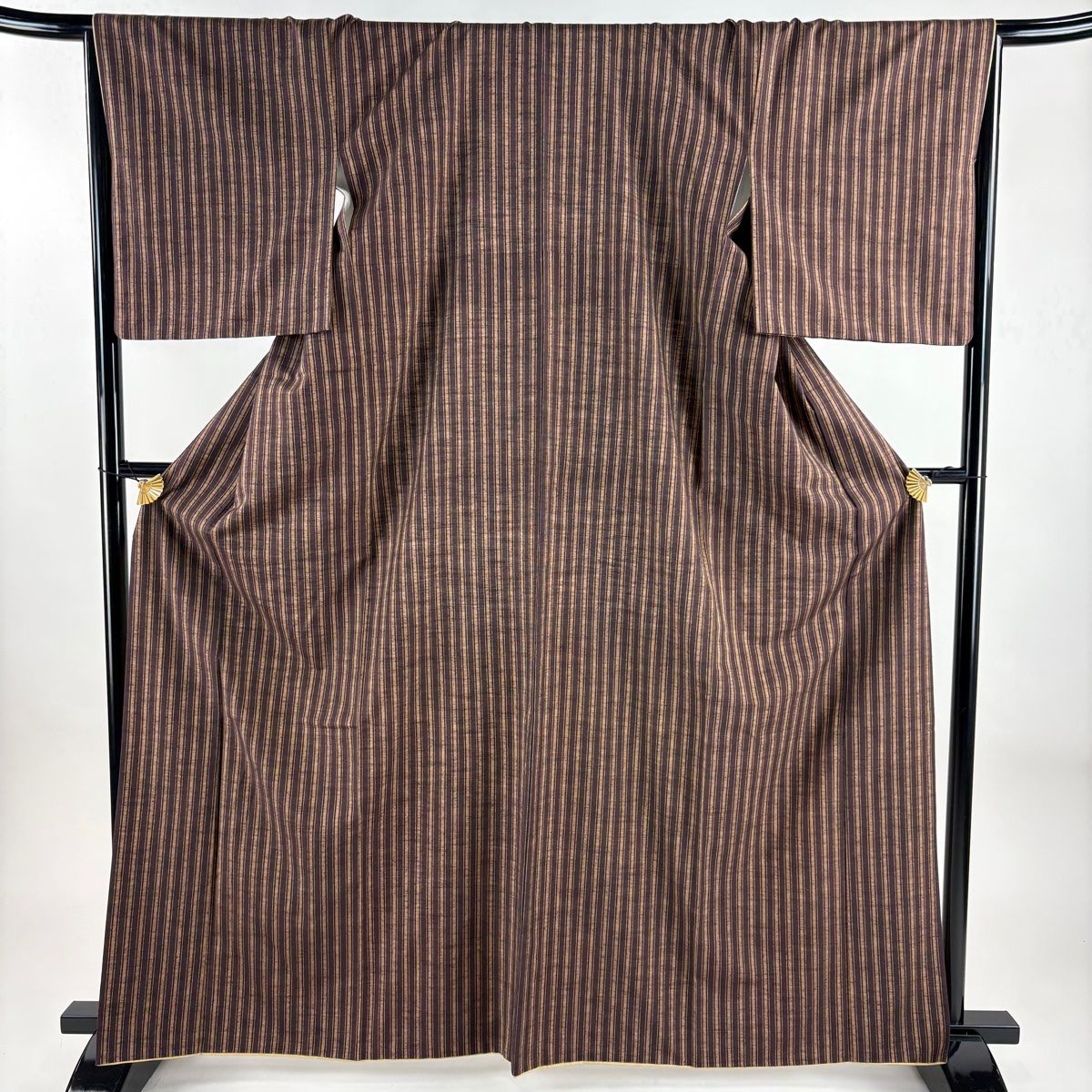 紬 身丈164.5 cm 裄丈67.5 L 袷 青山みとも 縞 茶紫 正絹