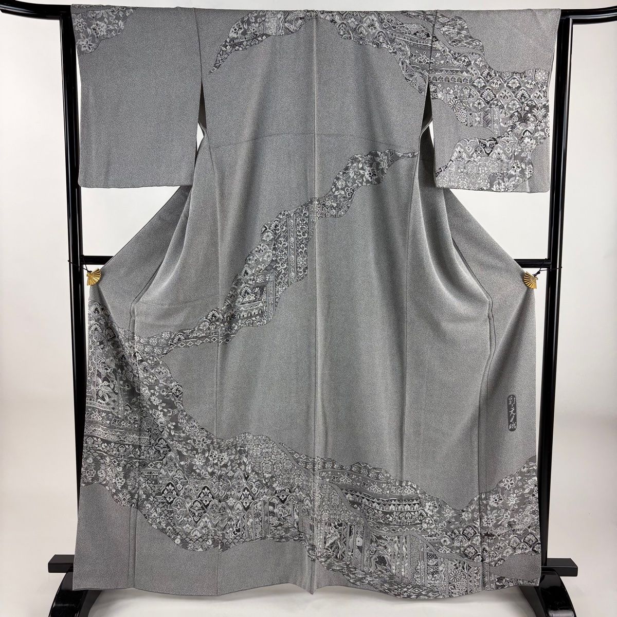 訪問着 身丈165cm 裄丈63cm S 袷 彩天目織 草花 道長取り 灰色 正絹
