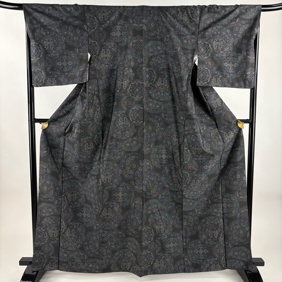 大島紬 身丈164cm 裄丈68cm L 袷 証紙 華文 草花 深緑 正絹