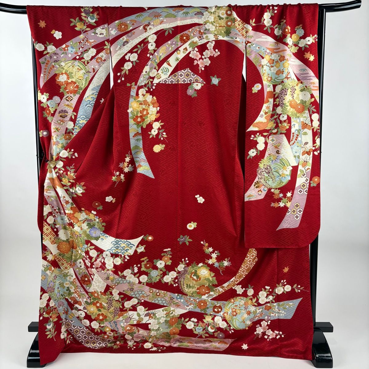 振袖 身丈174.5cm 裄丈70cm L 袷 花丸文 枝花 金糸 金彩 赤 正絹