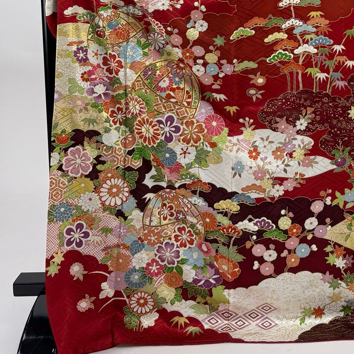 振袖 身丈178cm 裄丈68cm L 袷 手鞠 松竹梅 金糸 金彩 赤 正絹