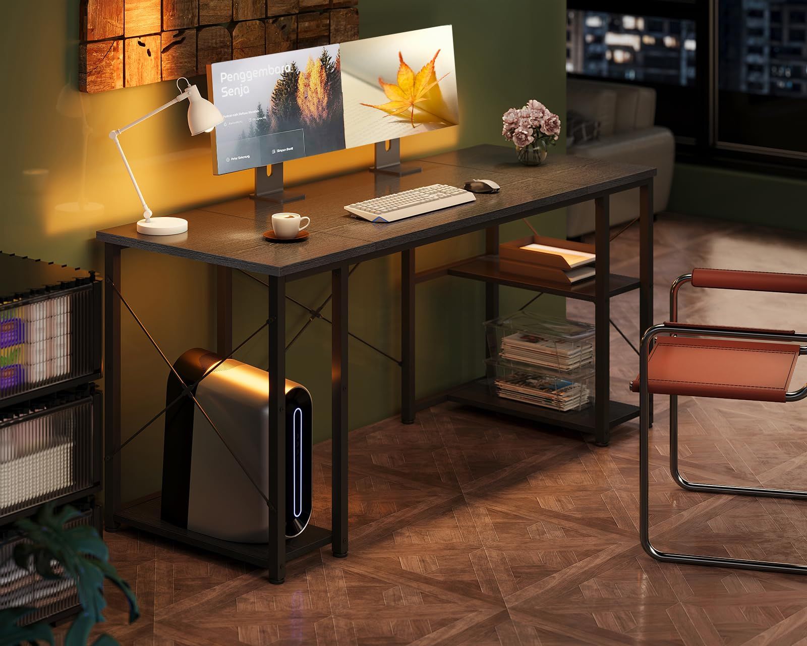 AODK ゲーミングデスク パソコンデスク 机 pcデスク 幅140cm 両側ラック-CPUスタンド付き gaming desk ゲームデスク 勉強机 オフィスデスク 在宅ワークデスク 長机 左右入れ替え対応 おしゃれ ブラック MARWIL-DEMENAGEMENTS_CH