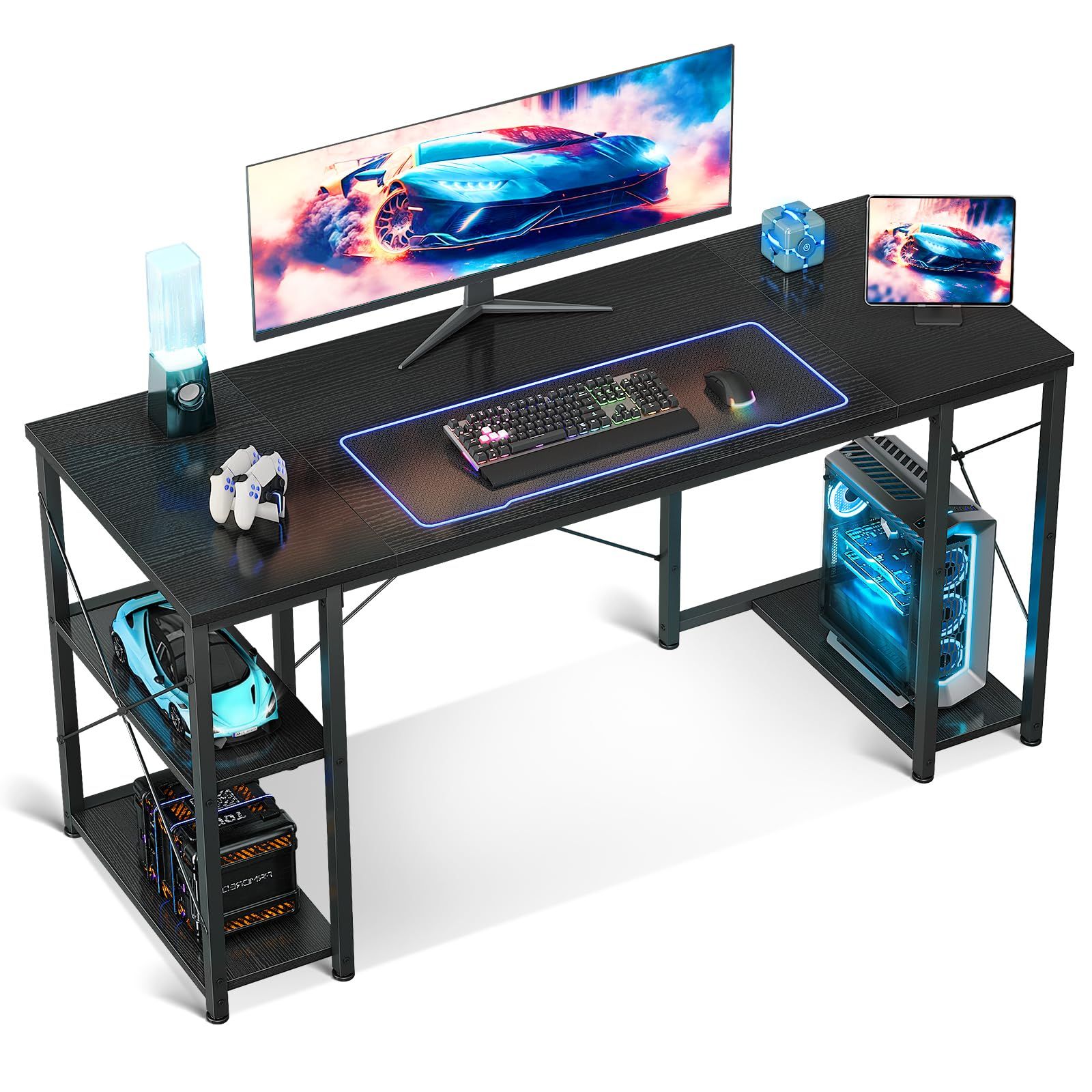AODK ゲーミングデスク パソコンデスク 机 pcデスク 幅140cm 両側ラック-CPUスタンド付き gaming desk ゲームデスク 勉強机 オフィスデスク 在宅ワークデスク 長机 左右入れ替え対応 おしゃれ ブラック