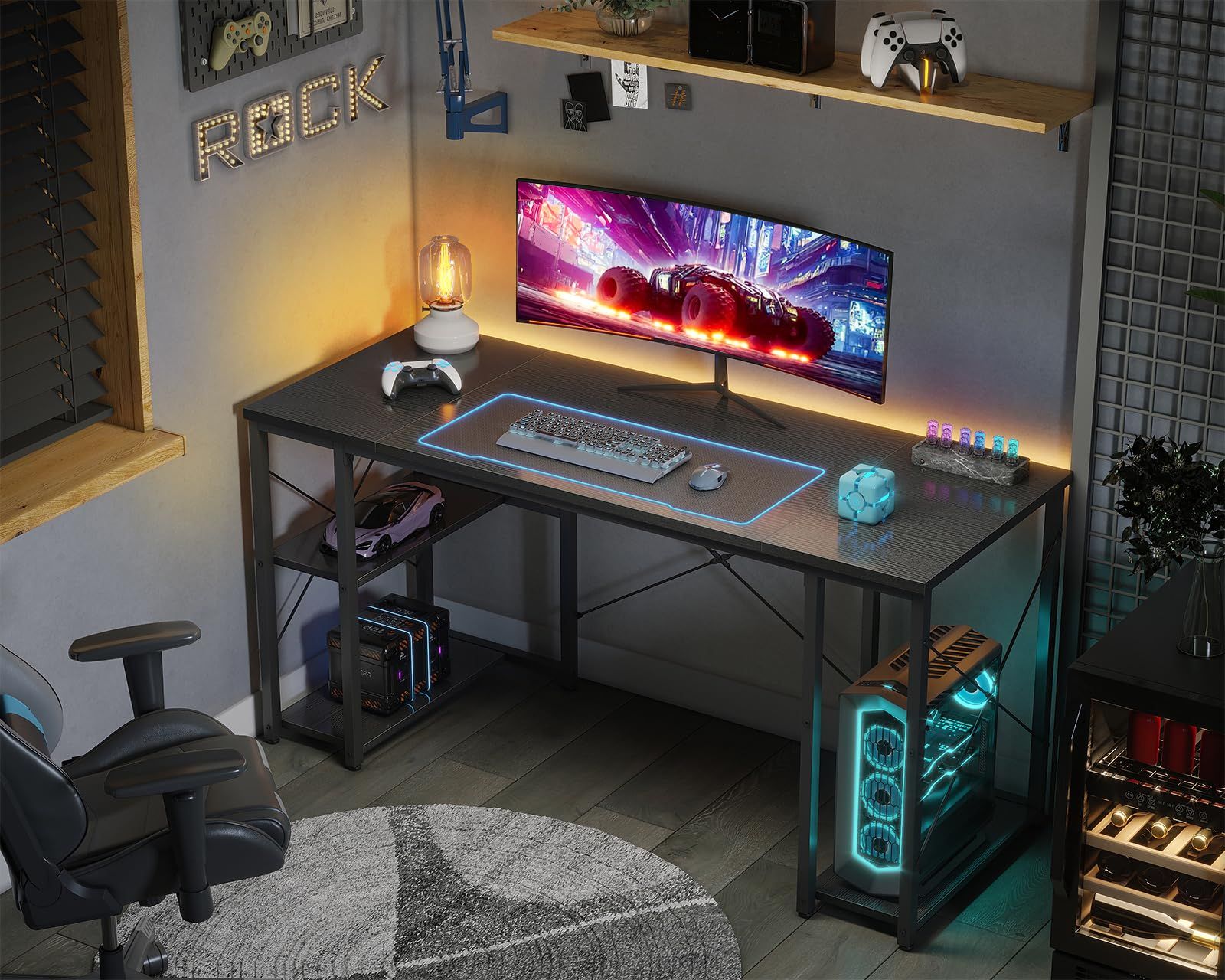 AODK ゲーミングデスク パソコンデスク 机 pcデスク 幅140cm 両側ラック-CPUスタンド付き gaming desk ゲームデスク 勉強机 オフィスデスク 在宅ワークデスク 長机 左右入れ替え対応 おしゃれ ブラック