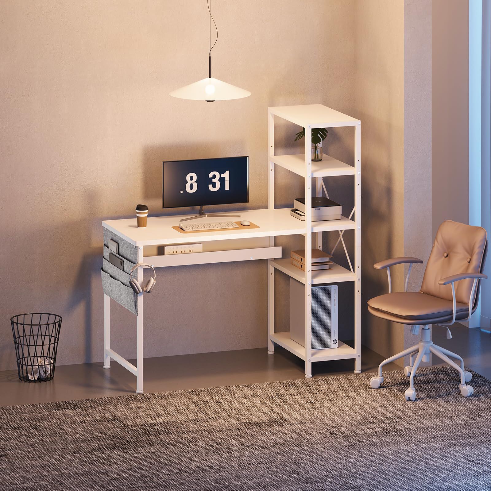 YeTom 勉強机 パソコンデスク 机 ラック付きデスク 幅104cm×奥行48cm ワークデスク オフィスデスク 収納袋付き 学習机 左右入替可 可動式棚板 白い