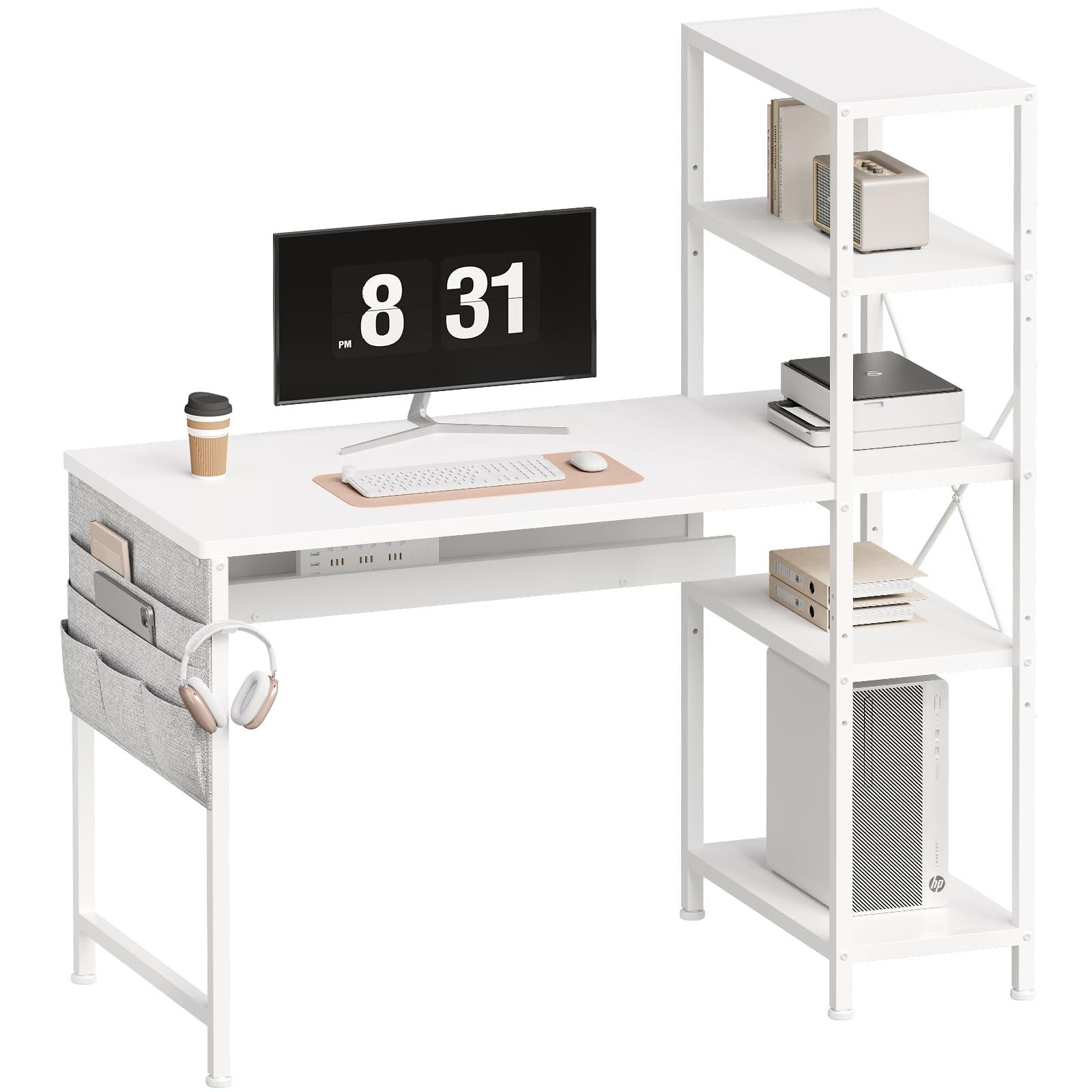 YeTom 勉強机 パソコンデスク 机 ラック付きデスク 幅104cm×奥行48cm ワークデスク オフィスデスク 収納袋付き 学習机 左右入替可 可動式棚板 白い