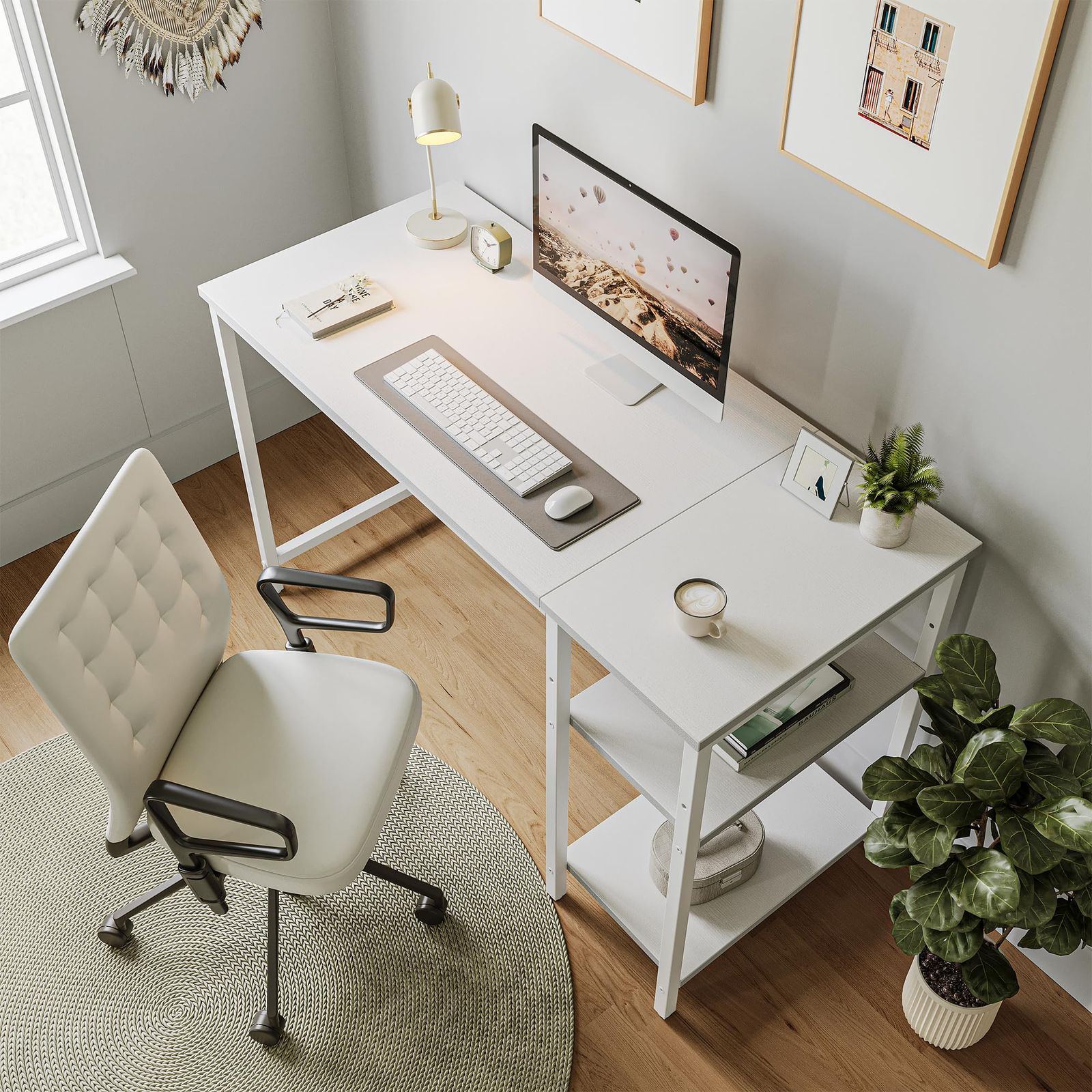 CubiCubi パソコンデスク 机 勉強机 幅120cm 奥行き48cm ゲーミングデスク ラック付き デスク 作業机 学習机 つくえ 一人暮らし 在宅ワーク 机pcデスク おしゃれ ホワイト