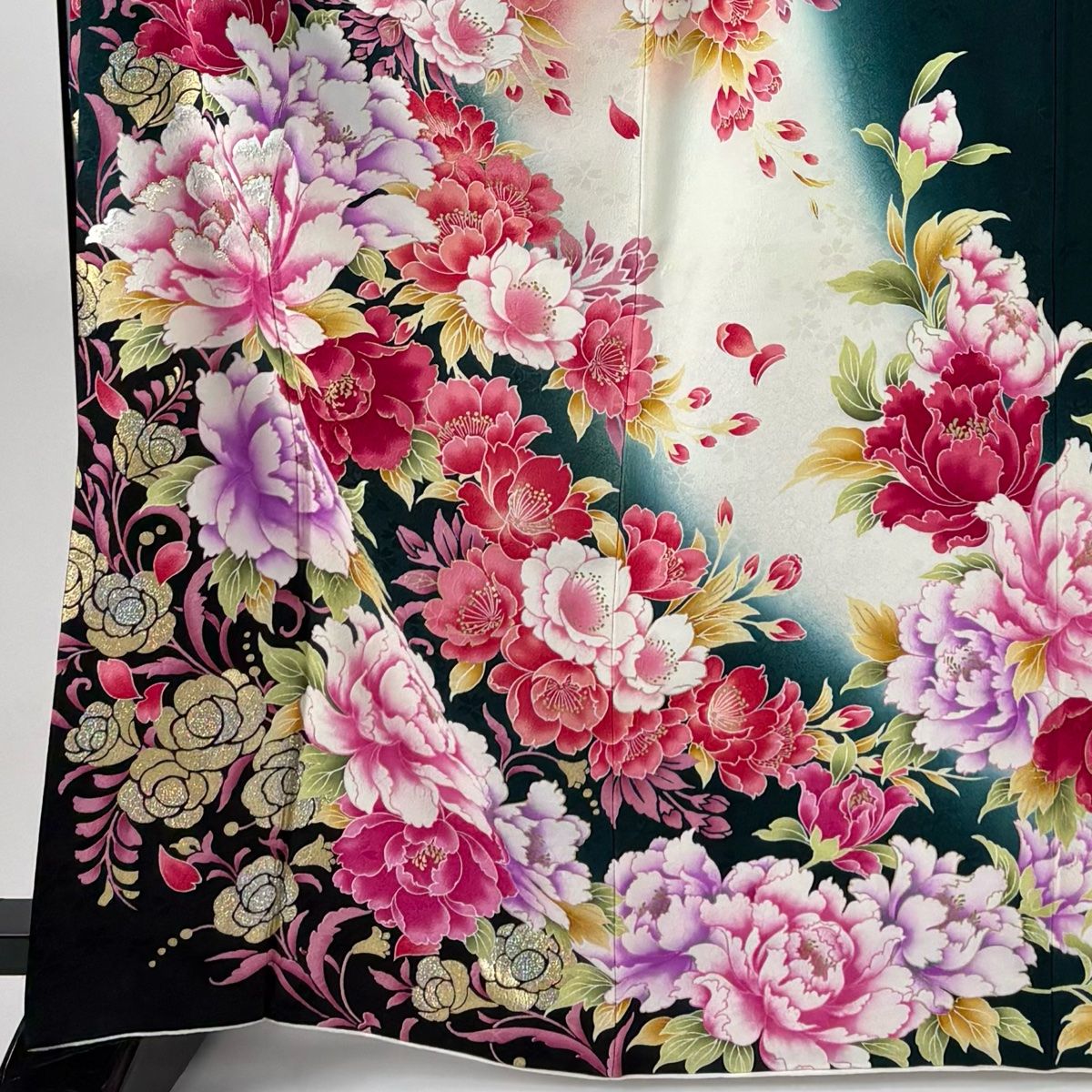 振袖 身丈167cm 裄丈66cm M 袷 草花 金彩 箔 深緑 正絹