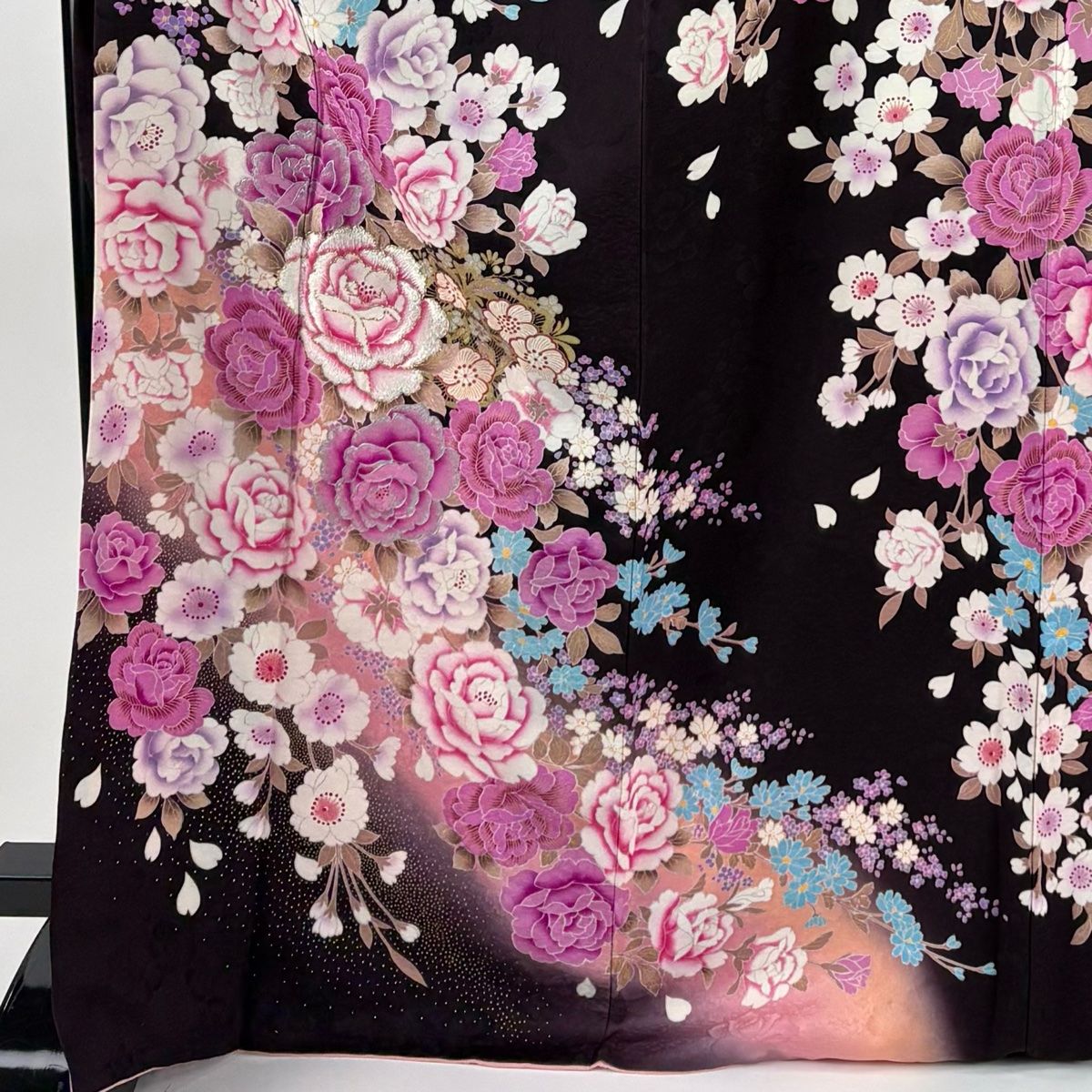 振袖 身丈170cm 裄丈68.5cm L 袷 草花 花びら 刺繍 金銀彩 茶紫 正絹