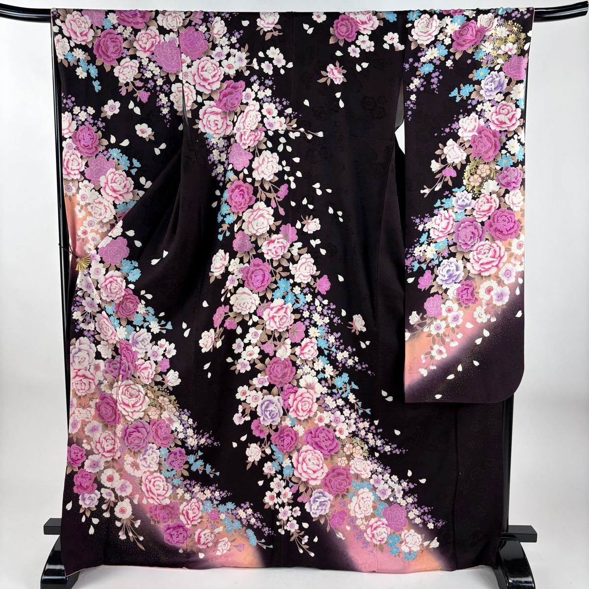 振袖 身丈170cm 裄丈68.5cm L 袷 草花 花びら 刺繍 金銀彩 茶紫 正絹