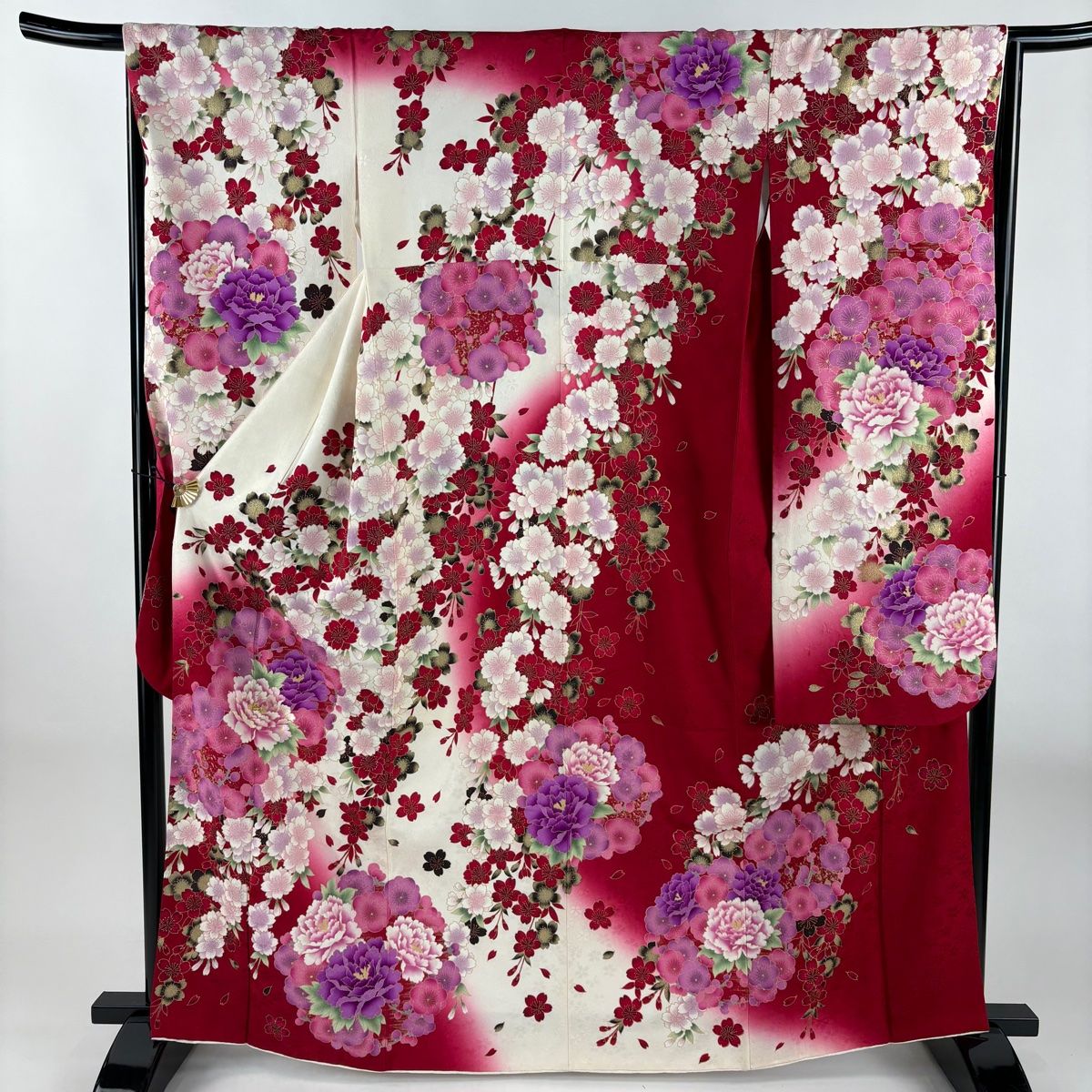 振袖 身丈165cm 裄丈66cm M 袷 桜 花丸文 刺繍 金彩 赤 正絹
