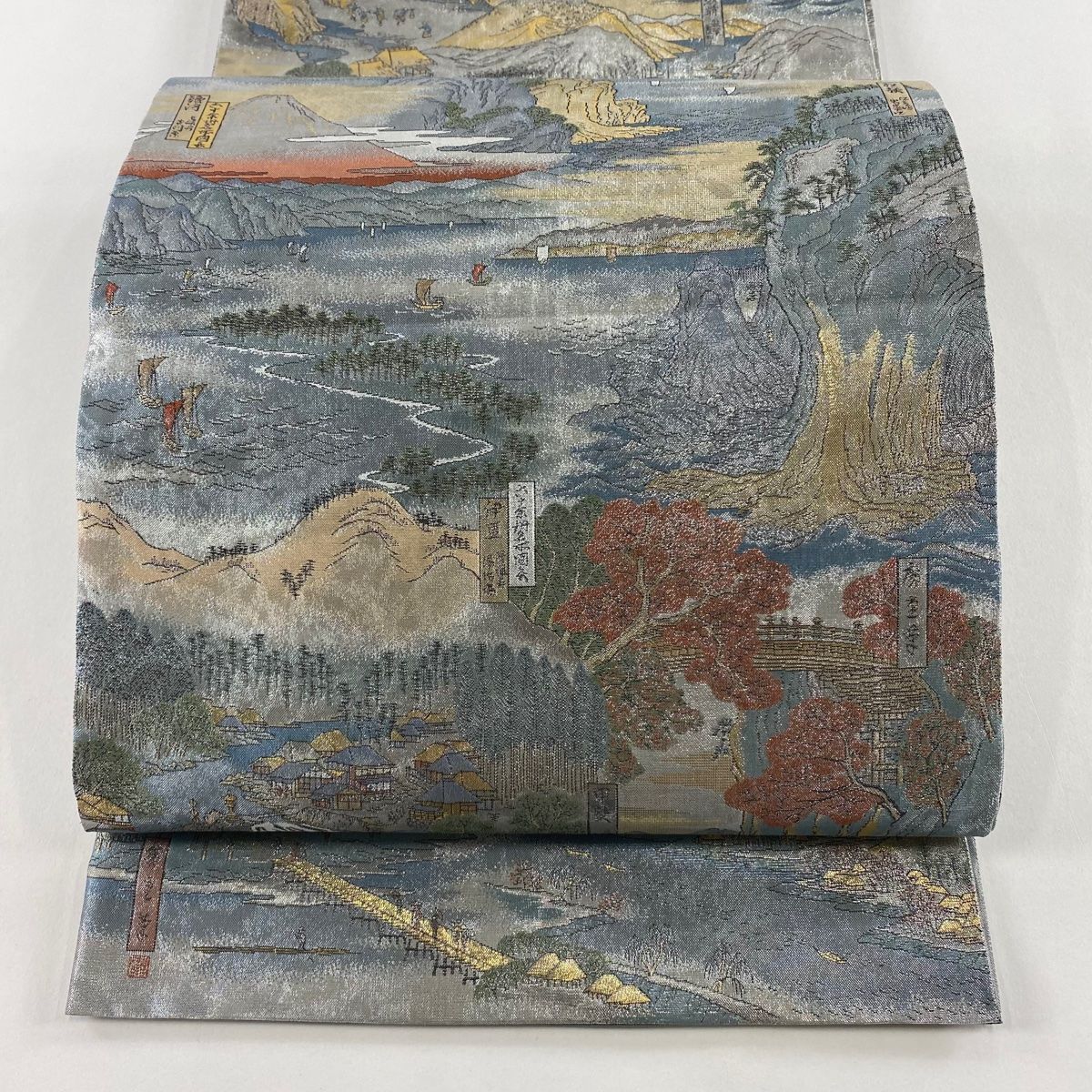 袋帯 六十余州名所図会 箔 青灰色 お太鼓柄 正絹
