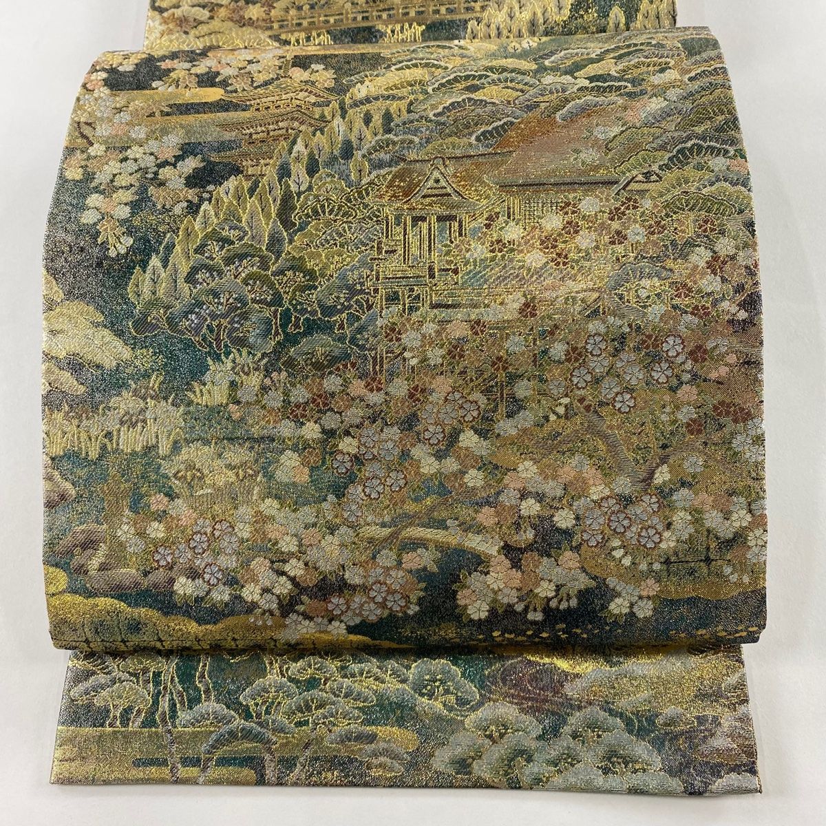丸帯 風景 建物 箔 金色 お太鼓柄 正絹