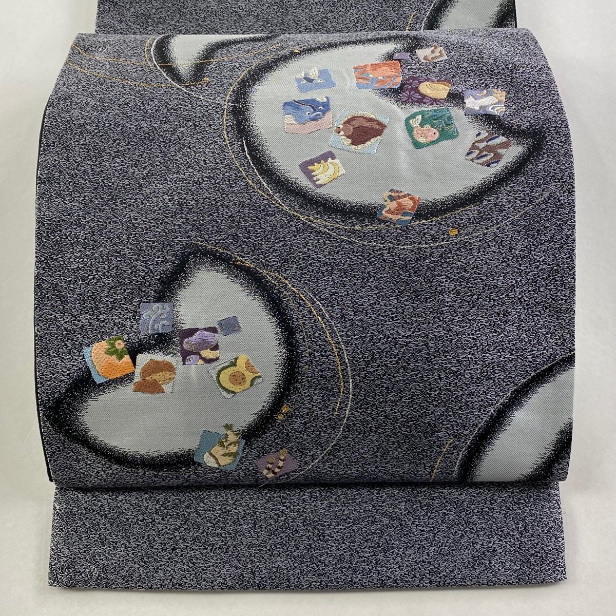 袋帯 海の幸 山の幸 箔 黒灰 お太鼓柄 正絹