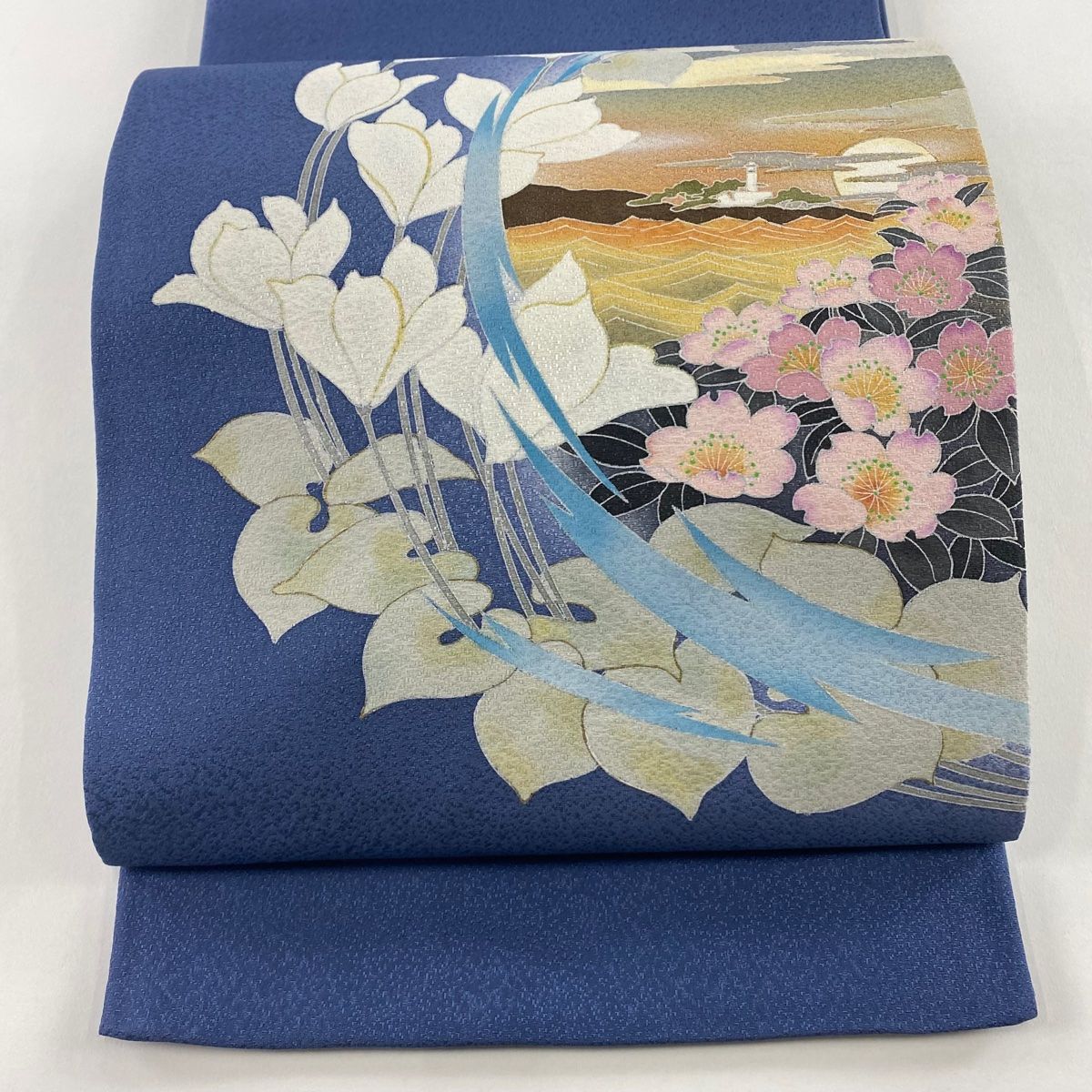 袋帯 風景 桜 金彩 ラメ 青 お太鼓柄 正絹