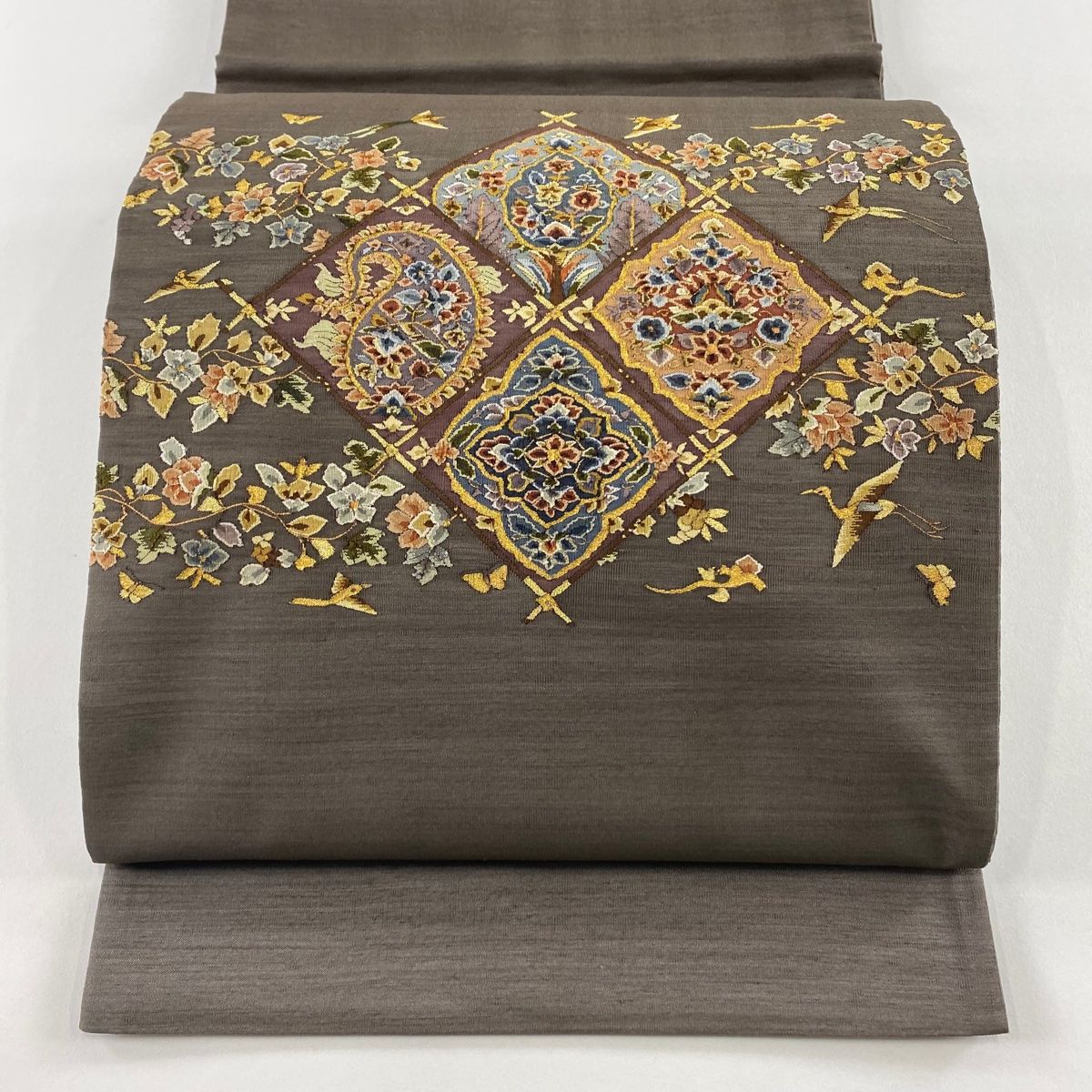 袋帯 綴れ 菱 花鳥 金糸 焦茶色 お太鼓柄 正絹