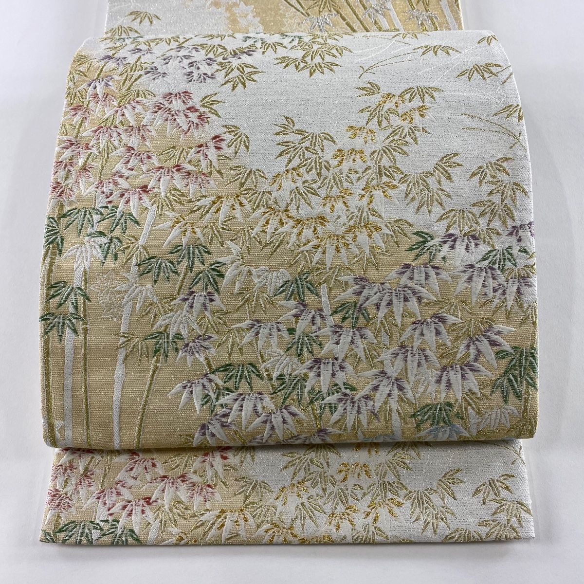 袋帯 証紙 竹 笹 箔 金銀糸 クリーム 六通 正絹