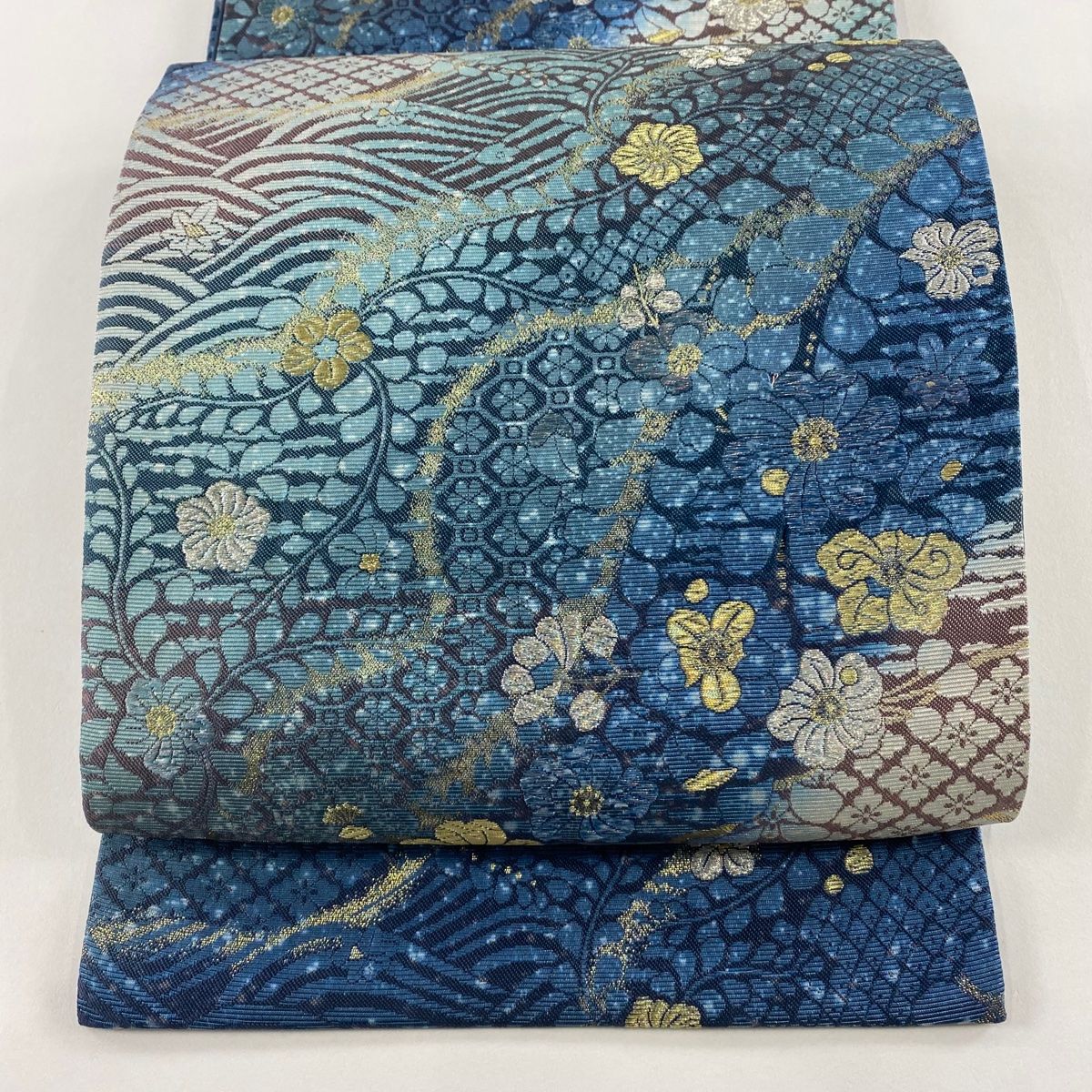 袋帯 草花 波 箔 金銀糸 青 六通 正絹