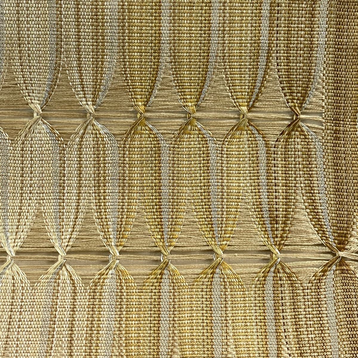 袋帯 リバーシブル 幾何学模様 銀糸 薄茶色 六通 正絹