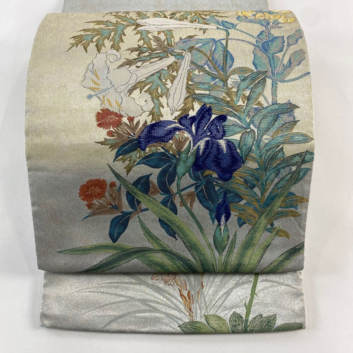 袋帯 落款 草花 箔 青灰色 お太鼓柄 正絹