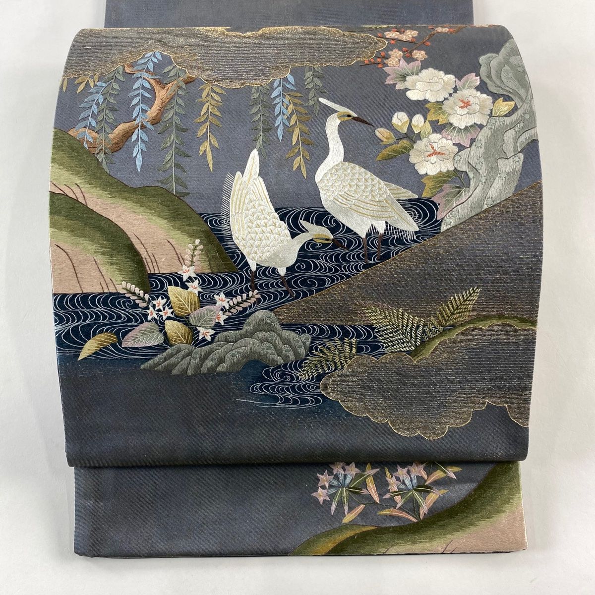 袋帯 花鳥 流水 刺繍 金糸 青灰色 お太鼓柄 正絹