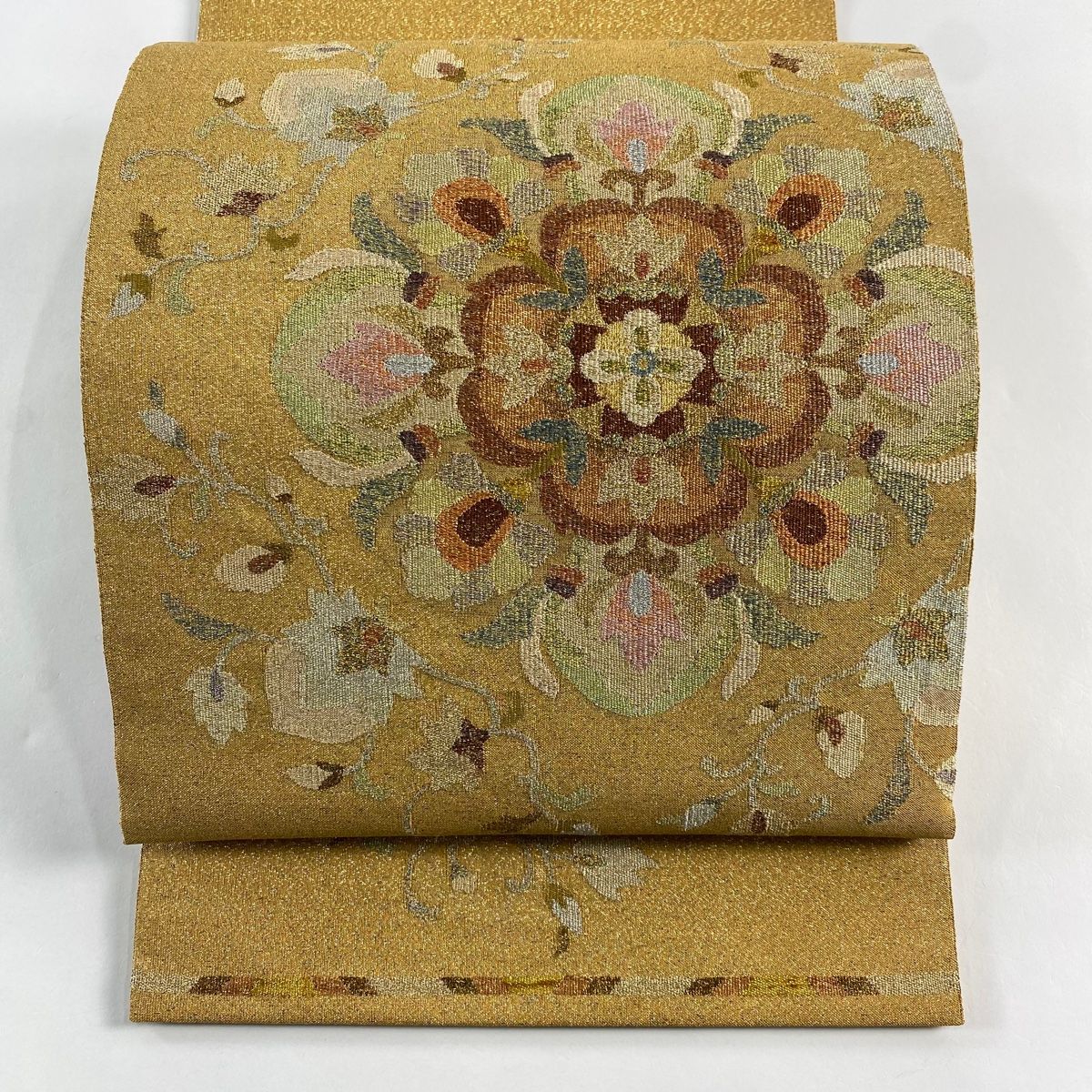 袋帯 華文 花唐草 金銀糸 箔 山吹色 お太鼓柄 正絹