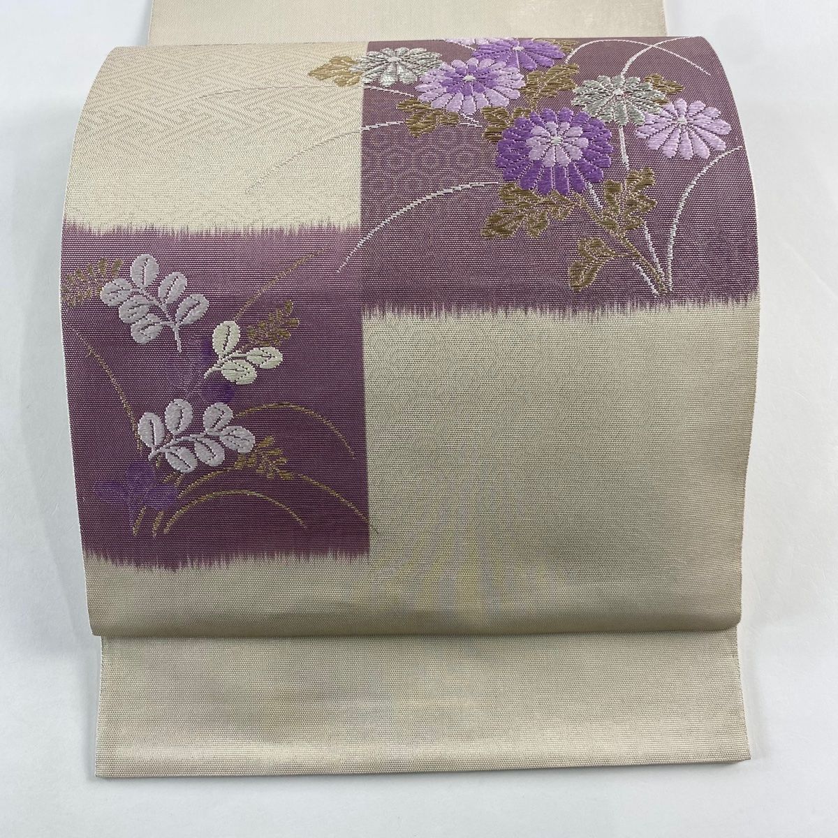 袋帯 夏帯 菊 萩 金糸 箔 ベージュ お太鼓柄 正絹