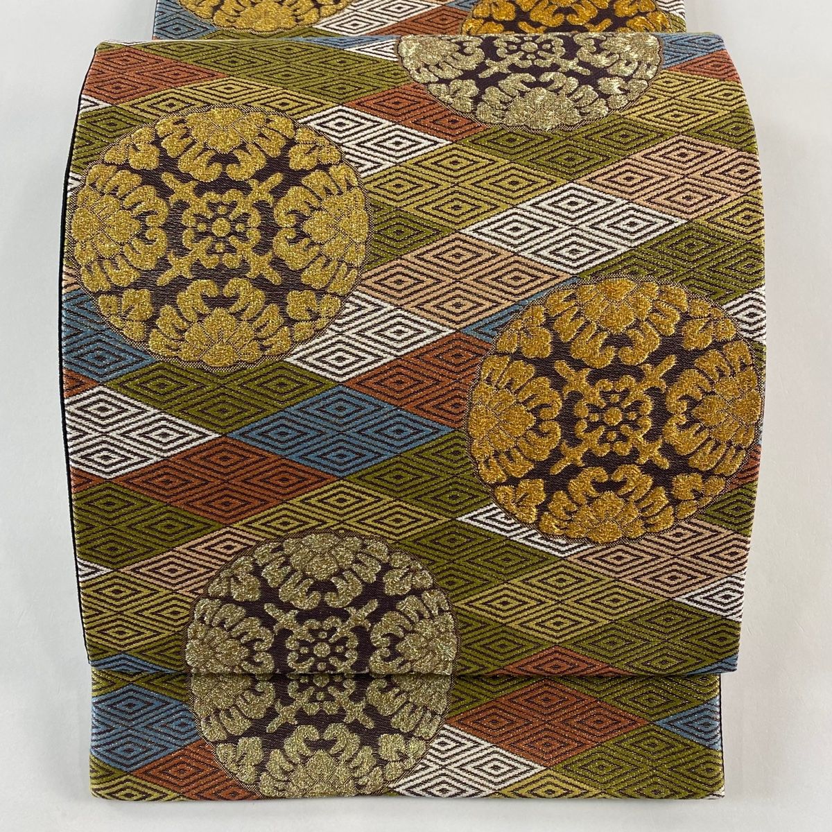 袋帯 秀品 浮線綾文 入子菱 金糸 茶緑色 六通 正絹