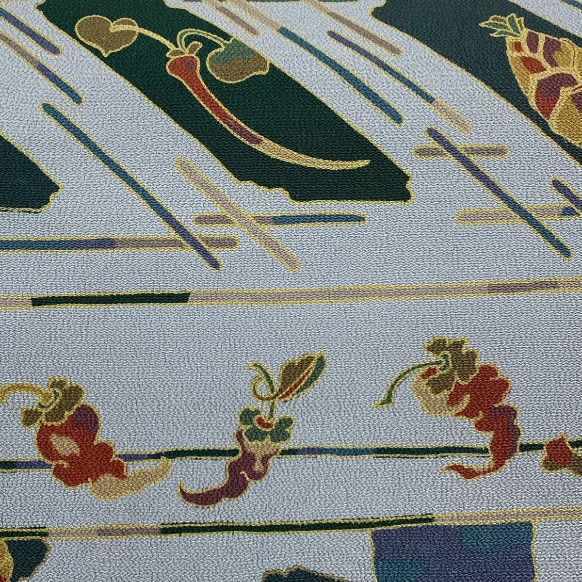 名古屋帯 秀品 野菜 幾何学 縮緬 青灰色 正絹
