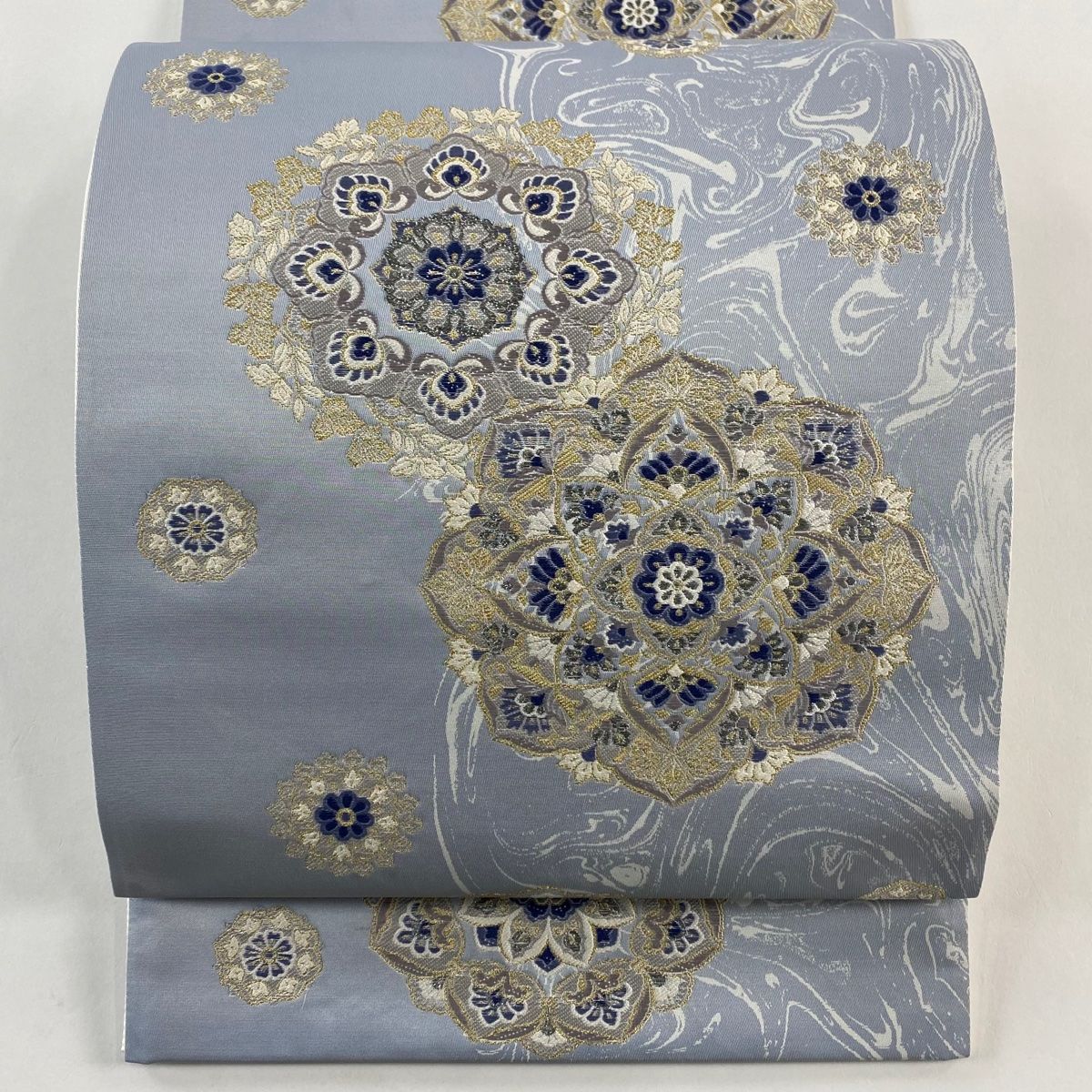 袋帯 秀品 華文 金銀糸 青灰色 六通 正絹