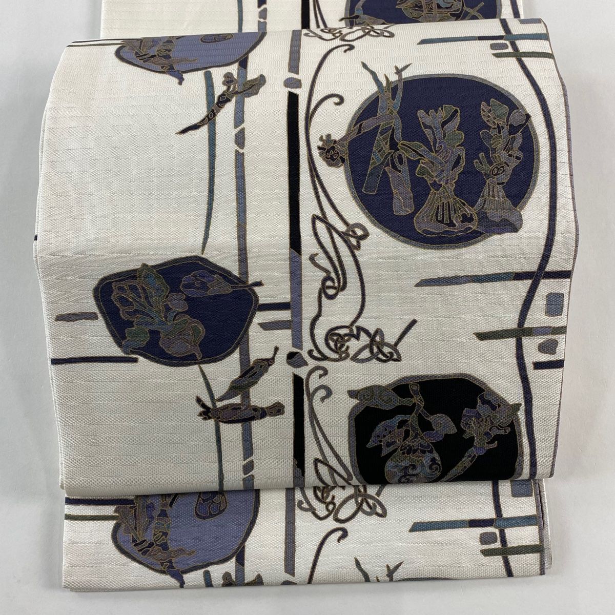 開き名古屋帯 秀品 野菜 蔓 金彩 白 正絹