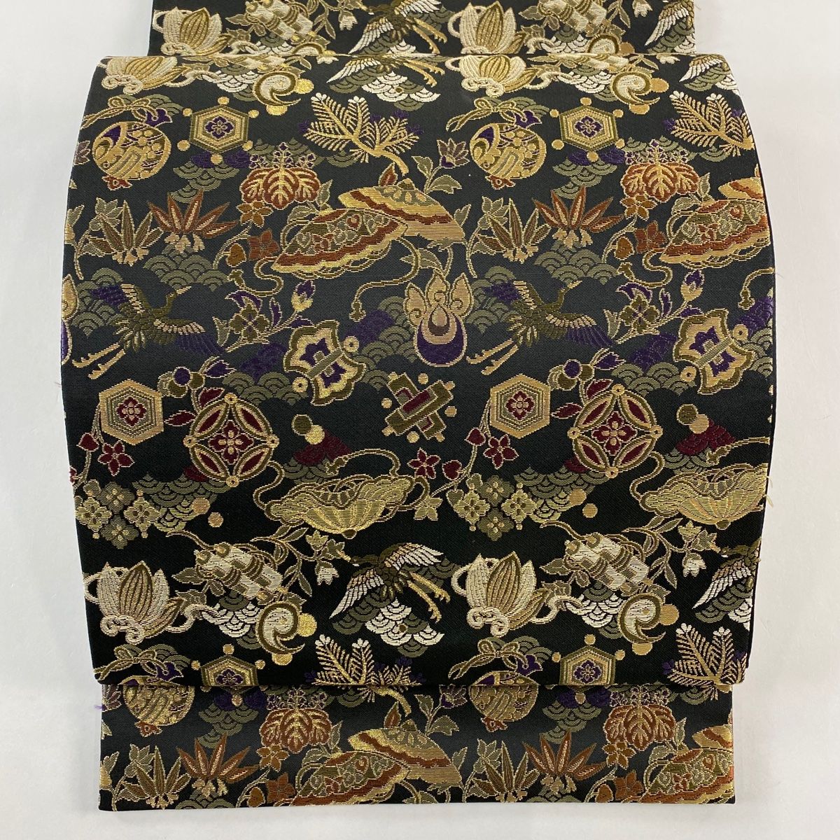 袋帯 秀品 宝尽くし 鶴 金糸 黒 六通 正絹