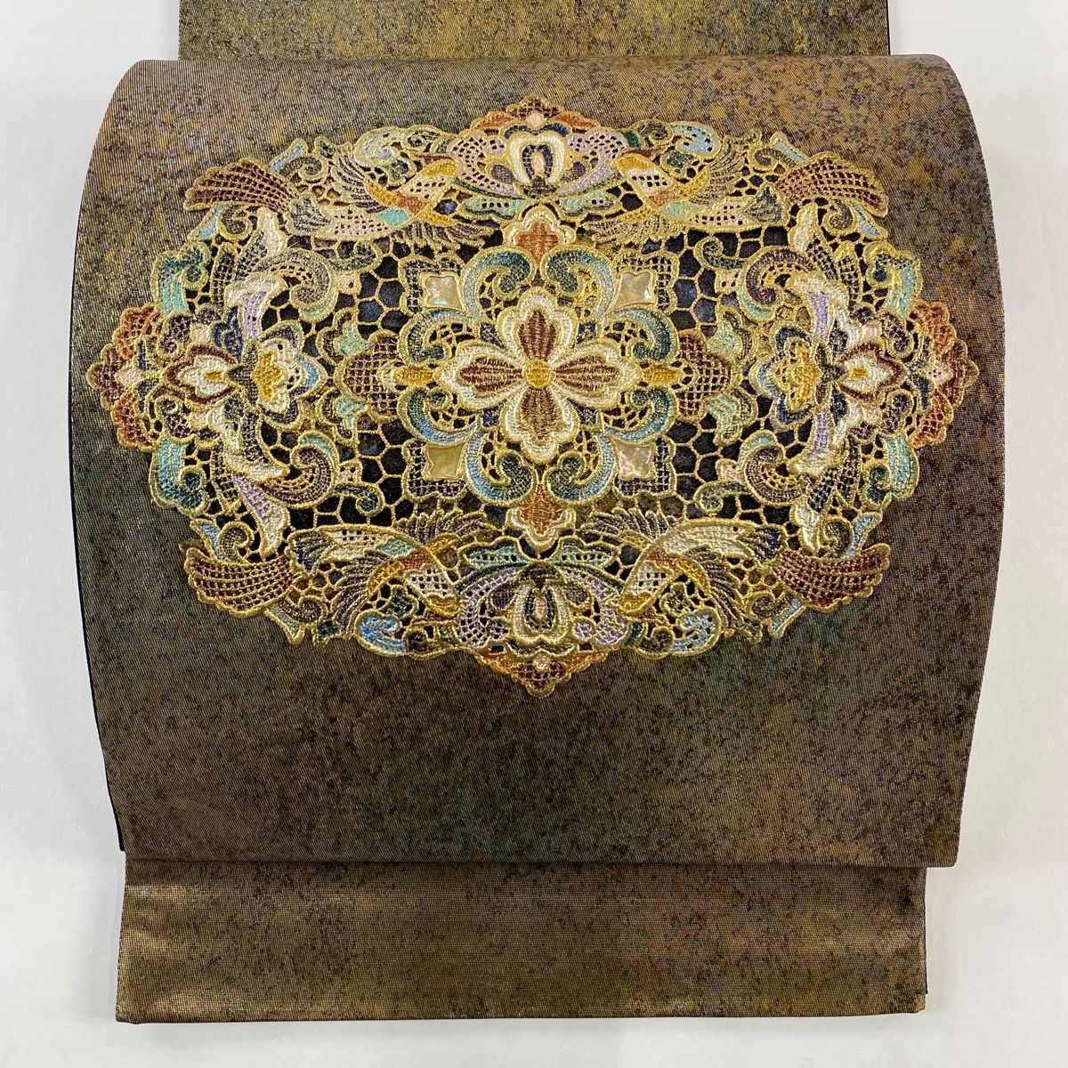 袋帯 秀品 華文 鳥 螺鈿 金彩 金茶 お太鼓柄 正絹