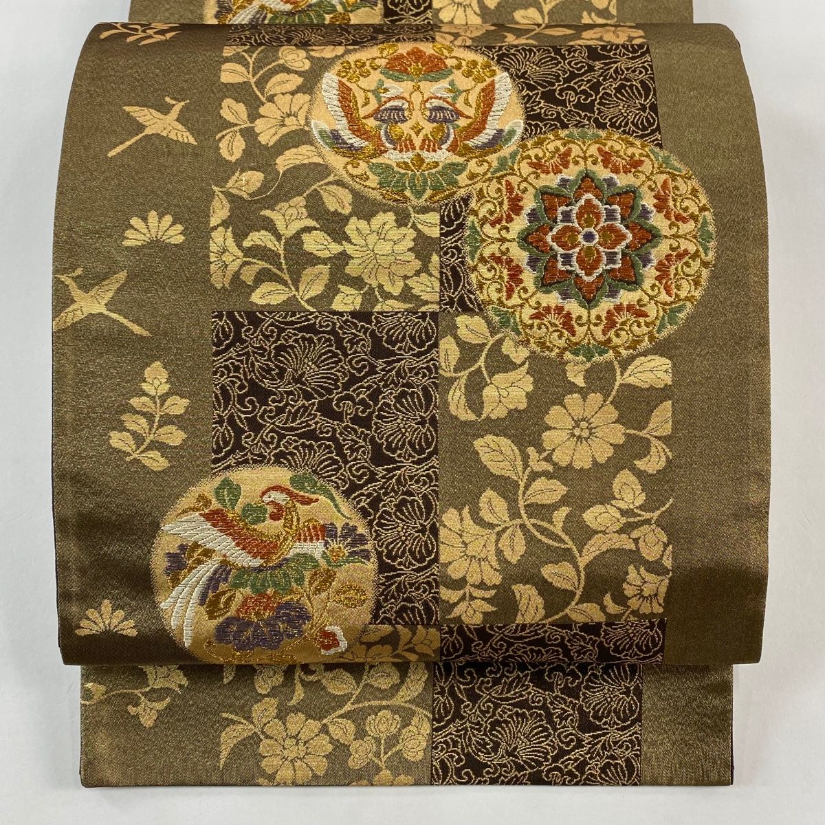 袋帯 秀品 華文 向かい鳥 金糸 箔 金茶 六通 正絹