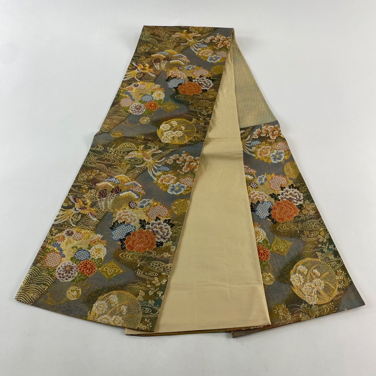 風格のある 袋帯 秀品 花鳥 花丸文 金糸 箔 薄茶色 六通 正絹 【史上最も激安！】