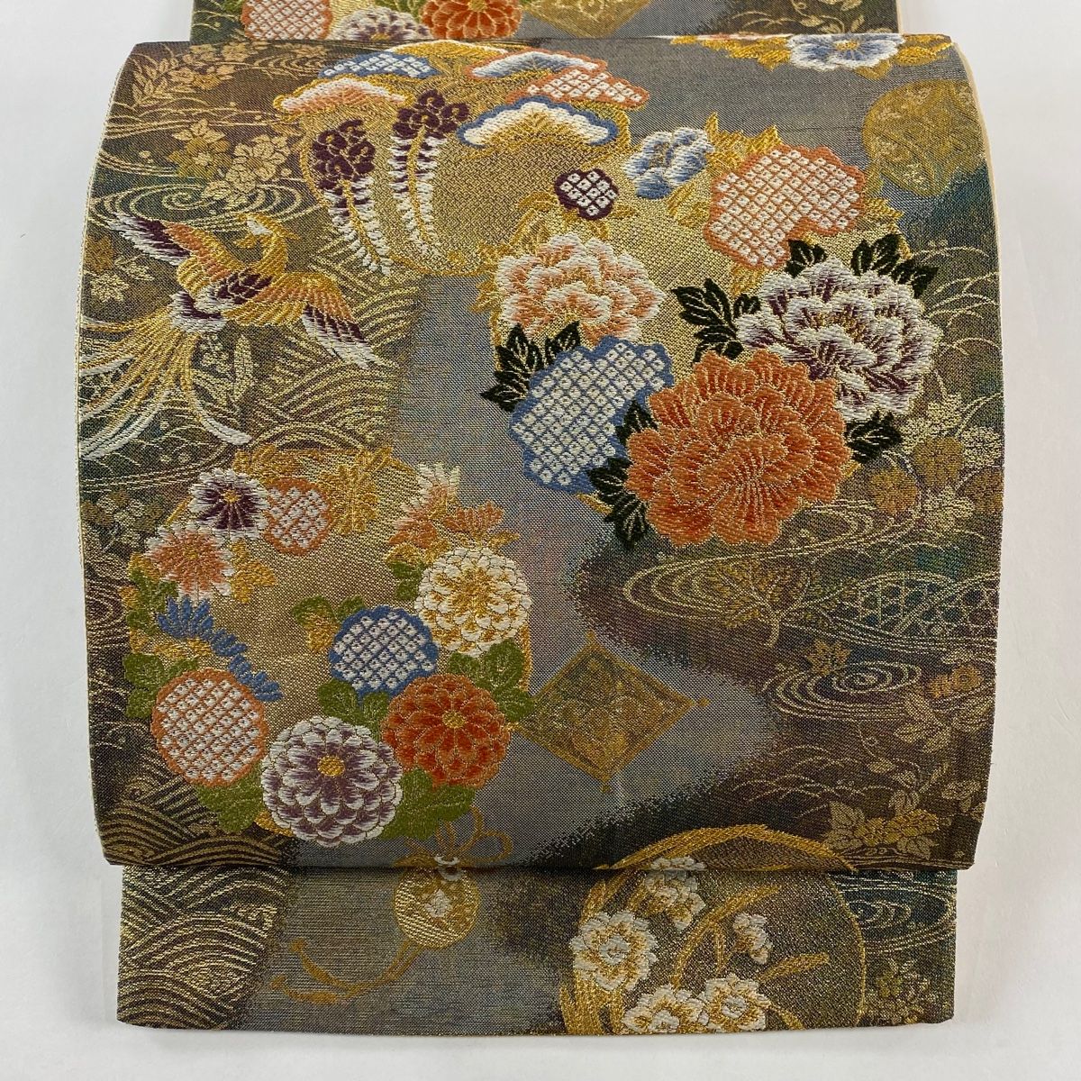 袋帯 秀品 花鳥 花丸文 金糸 箔 薄茶色 六通 正絹