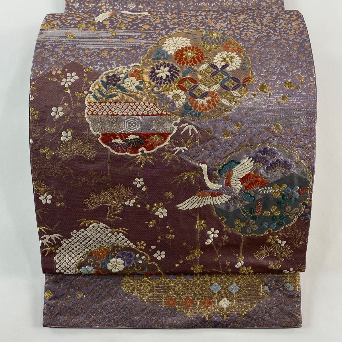 袋帯 秀品 関西仕立て 雪輪 松竹梅 刺繍 箔 紫 六通 正絹