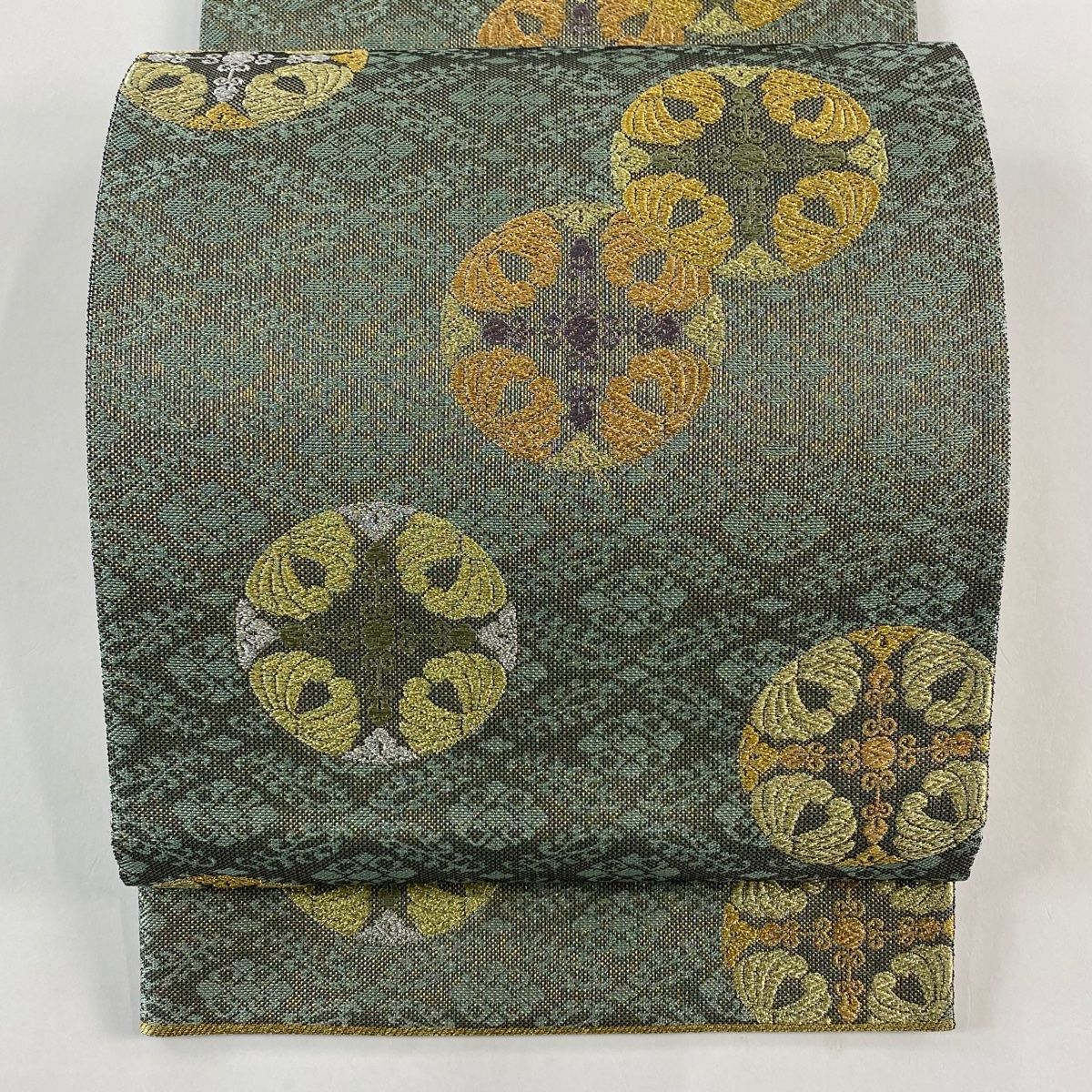 袋帯 秀品 華文 金銀糸 刺繍 灰緑 六通 正絹