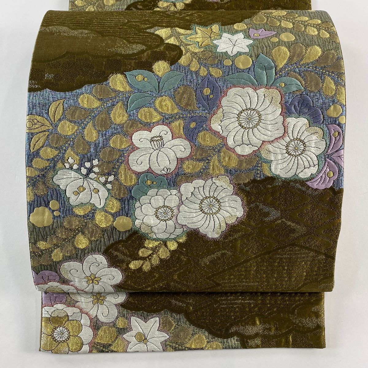 袋帯 秀品 辻が花柄 雲文 金糸 箔 鶯色 六通 正絹